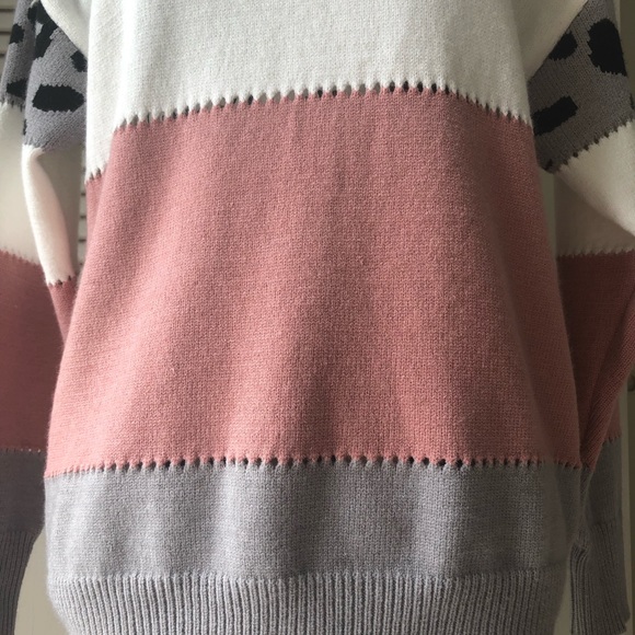 SALE 🔥 Color Block Leopard Boat Neck Sweater – Grey, White & Pink – NWOT - Picture 8 of 11